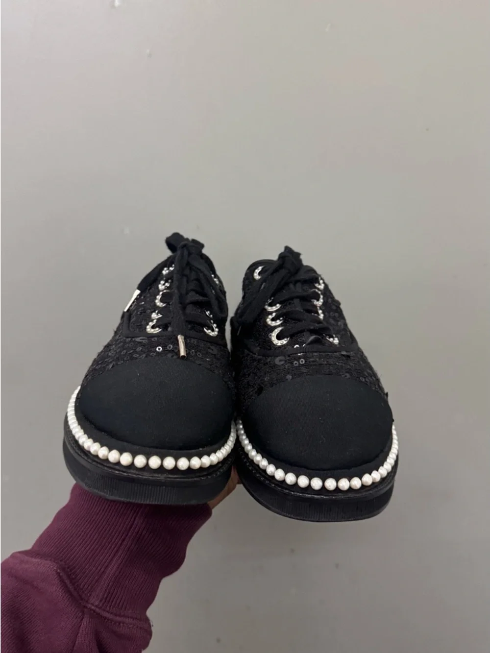 Chanel Black Tweed Sequins Lace Up Pearl Sneaker Shoes Size 37 /US 7 Auth.
